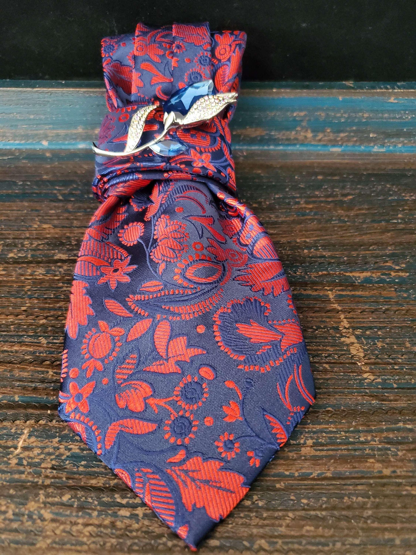 Simply Elegant Blue and Red Floral Women's Tie- Brooch Necklace - Handcrafted Statement Jewelry - Brooch Necktie -Stylish Neckwear For Women