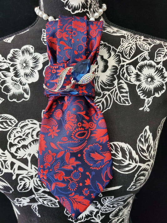 Simply Elegant Blue and Red Floral Women's Tie- Brooch Necklace Stylish Neckwear For Women