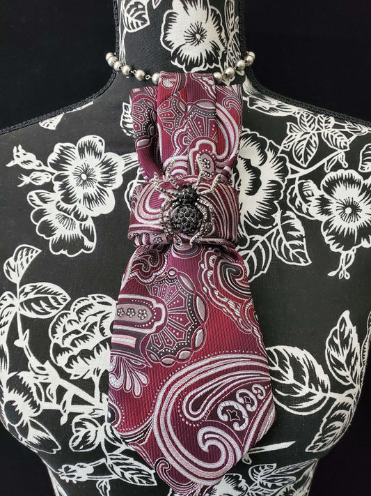 Simply Elegant Burgundy Paisley Women's Necktie Necklace -  Brooch Necktie