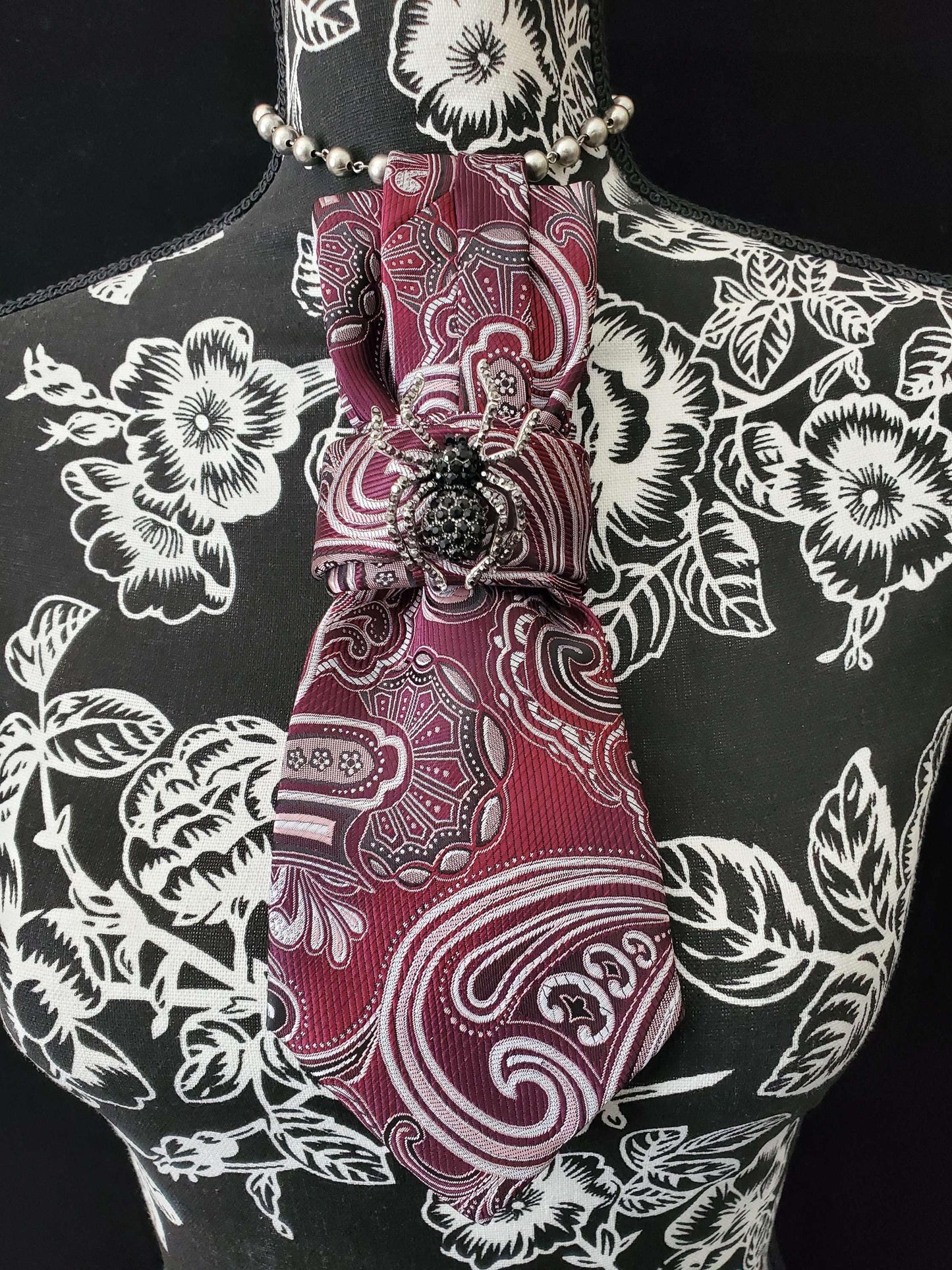 Simply Elegant Burgundy Paisley Women's Necktie Necklace -  Brooch Necktie