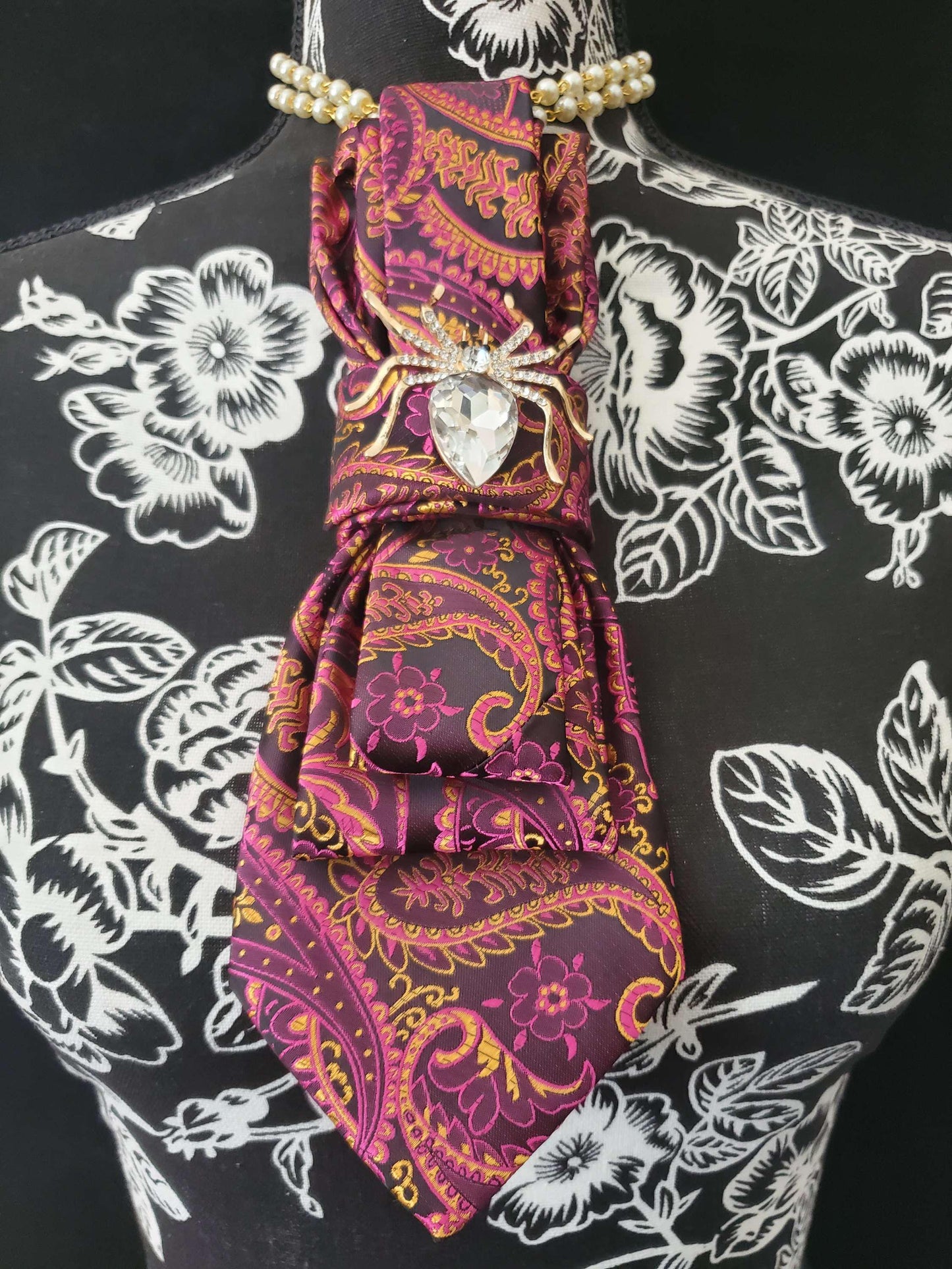 Simply Elegant Purple Paisley Women's Necktie Necklace - Handcrafted Statement Jewelry - Brooch Necktie - Stylish Neckwear For Women