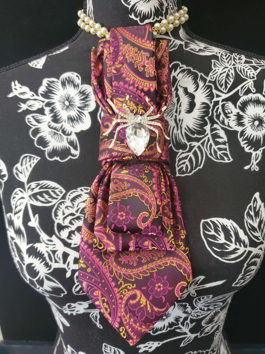 Simply Elegant Purple Paisley Women's Necktie Necklace - Handcrafted Statement Jewelry - Brooch Necktie - Stylish Neckwear For Women