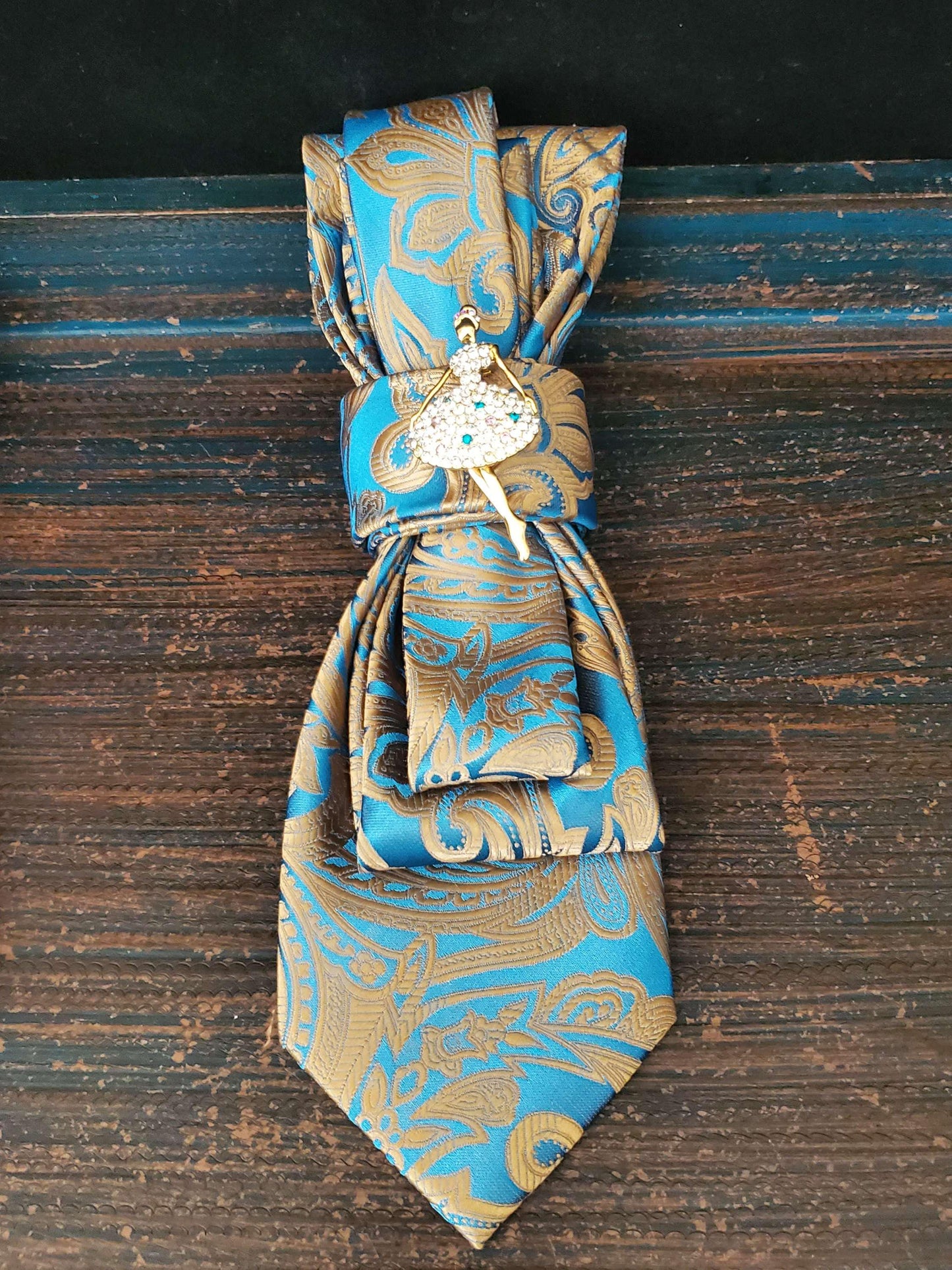 Teal Gold Paisley Tie Necklace: Ballerina Brooch, Handcrafted Neckwear