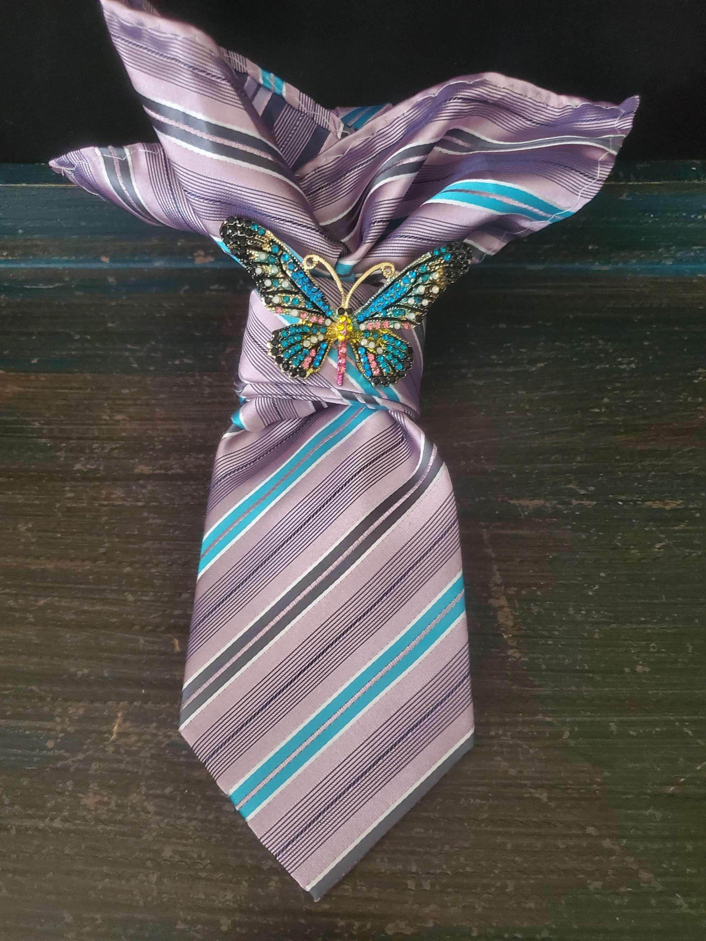 Purple Stripe Women's Tie- Butterfly Brooch Necklace