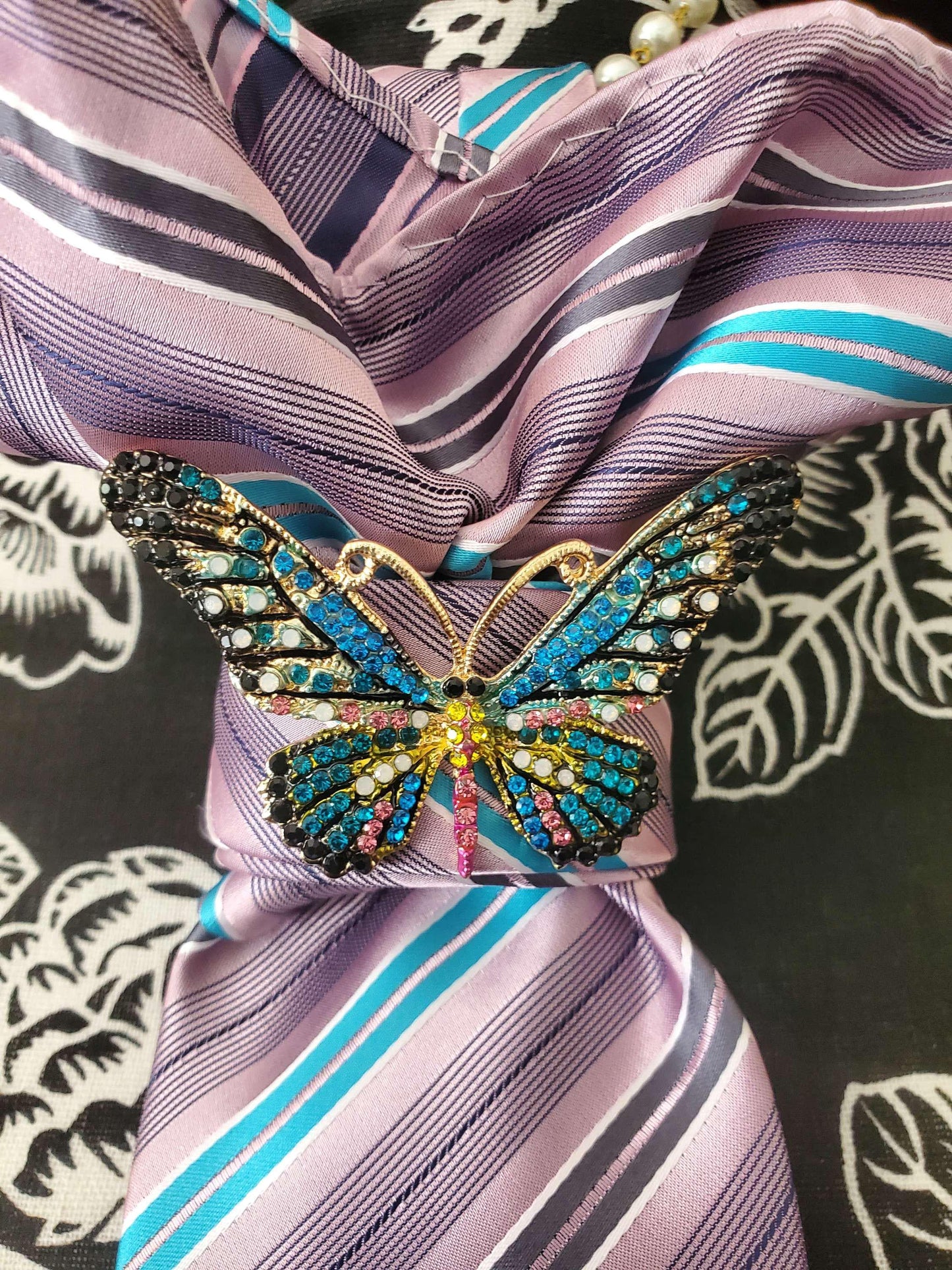 Purple Stripe Women's Tie- Butterfly Brooch Necklace