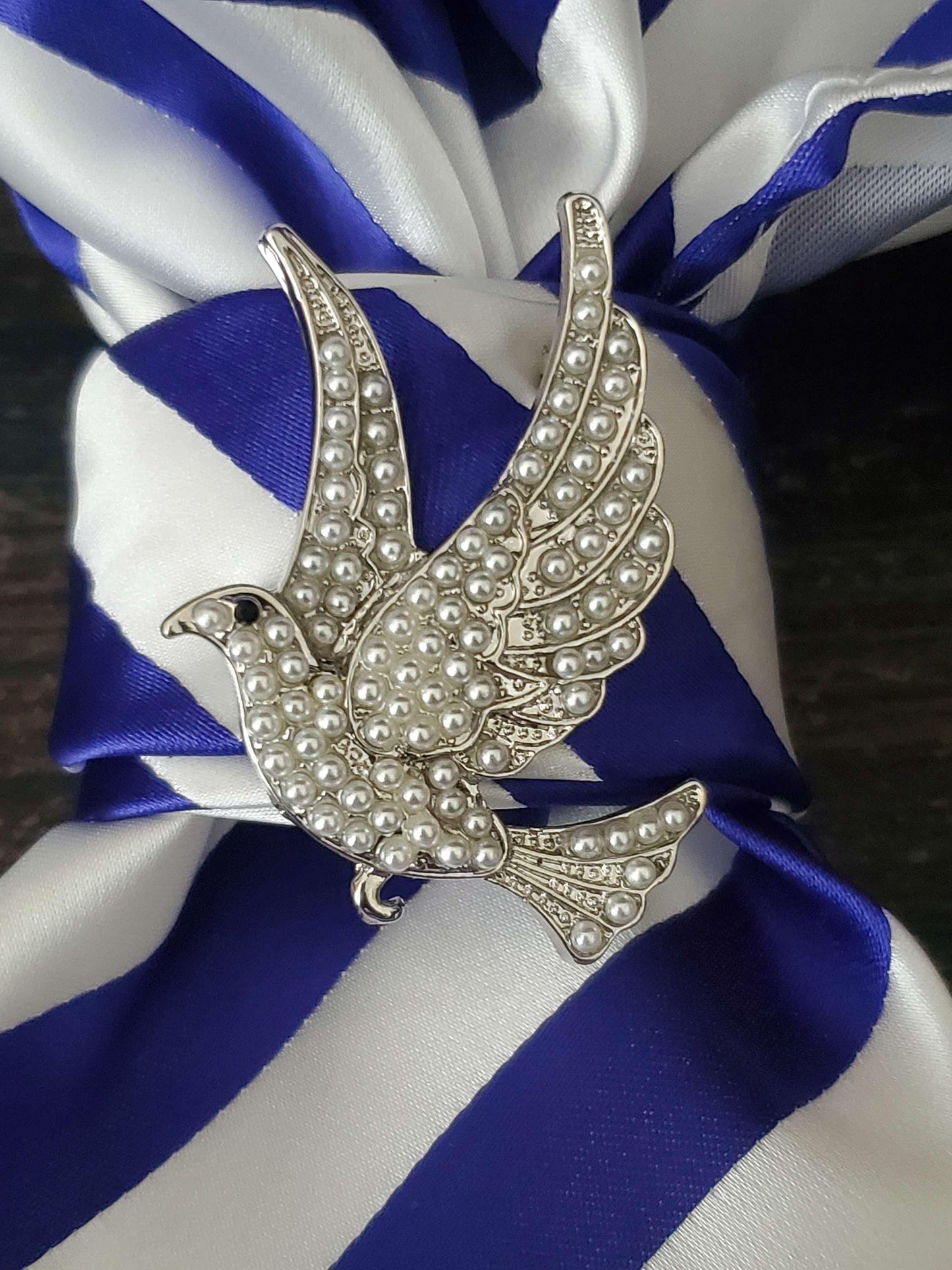 Royal Blue and White Stripe Women's Necktie Necklace - Pearl Dove Brooch Necktie