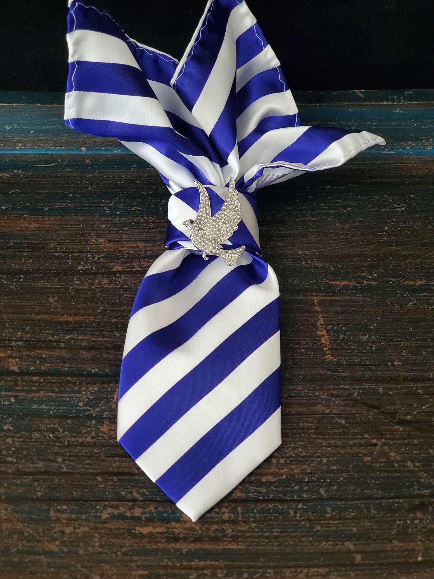 Royal Blue and White Stripe Women's Necktie Necklace - Pearl Dove Brooch Necktie