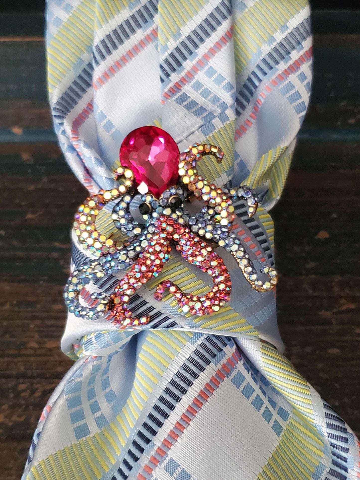 Blue and Pink Stripe Women's Necktie Necklace - Brooch Necktie