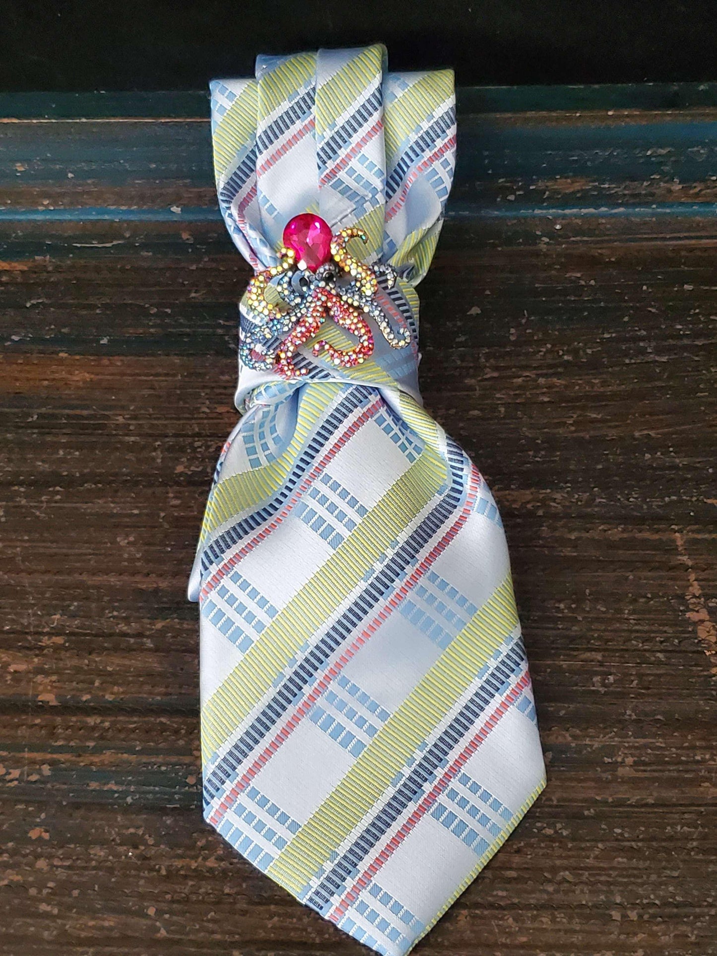 Blue and Pink Stripe Women's Necktie Necklace - Brooch Necktie