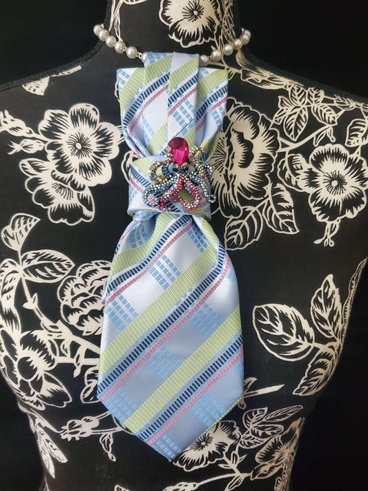 Blue and Pink Stripe Women's Necktie Necklace - Brooch Necktie