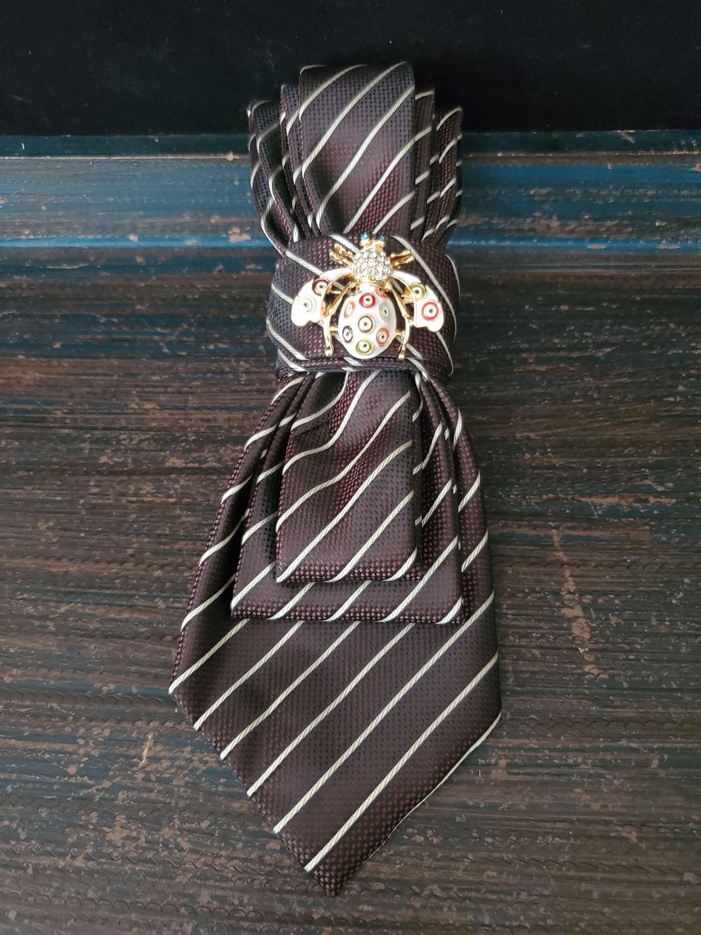 Chocolate Brown Striped Women's Tie- Brooch Necklace