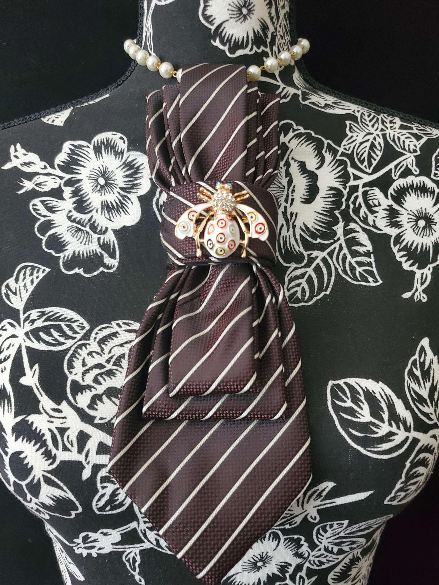 Chocolate Brown Striped Women's Tie- Brooch Necklace