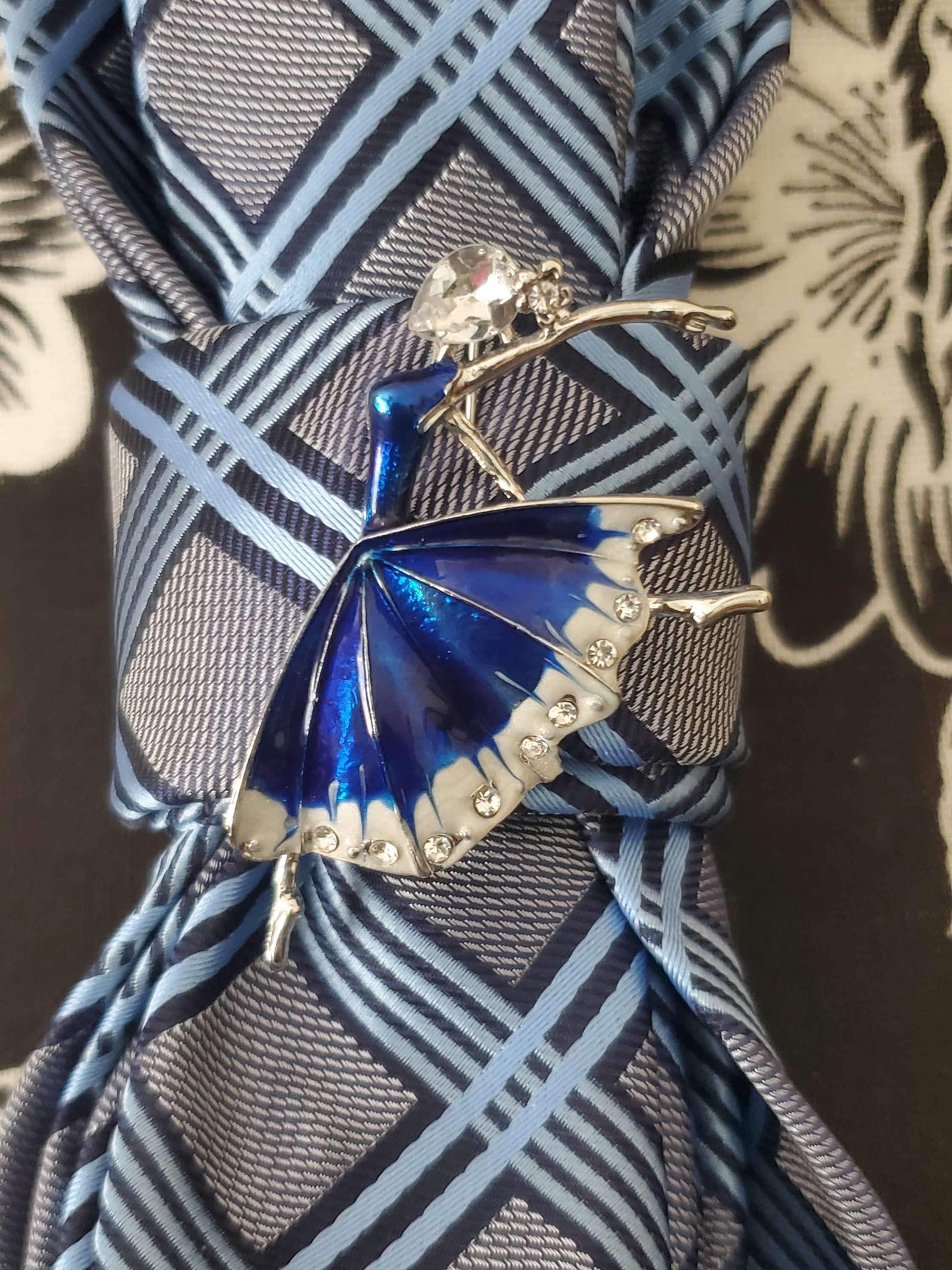 Blue and White Plaid Women's Tie- Ballerina Brooch Necklace - Stylish women’s neckties