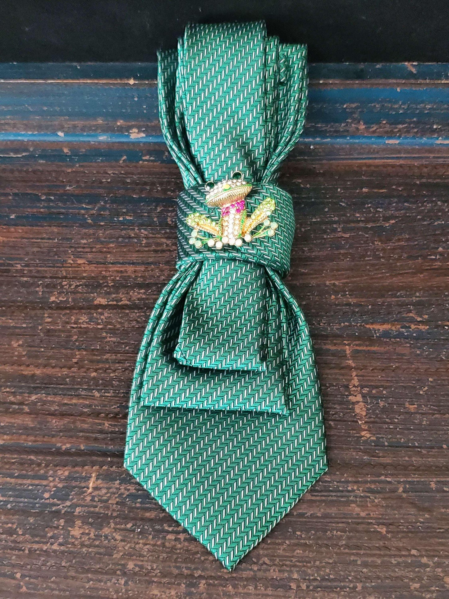 Simply Elegant Green Stripe Women's Necktie Necklace - Handcrafted Statement Jewelry - Brooch Necktie - Stylish Neckwear For Women