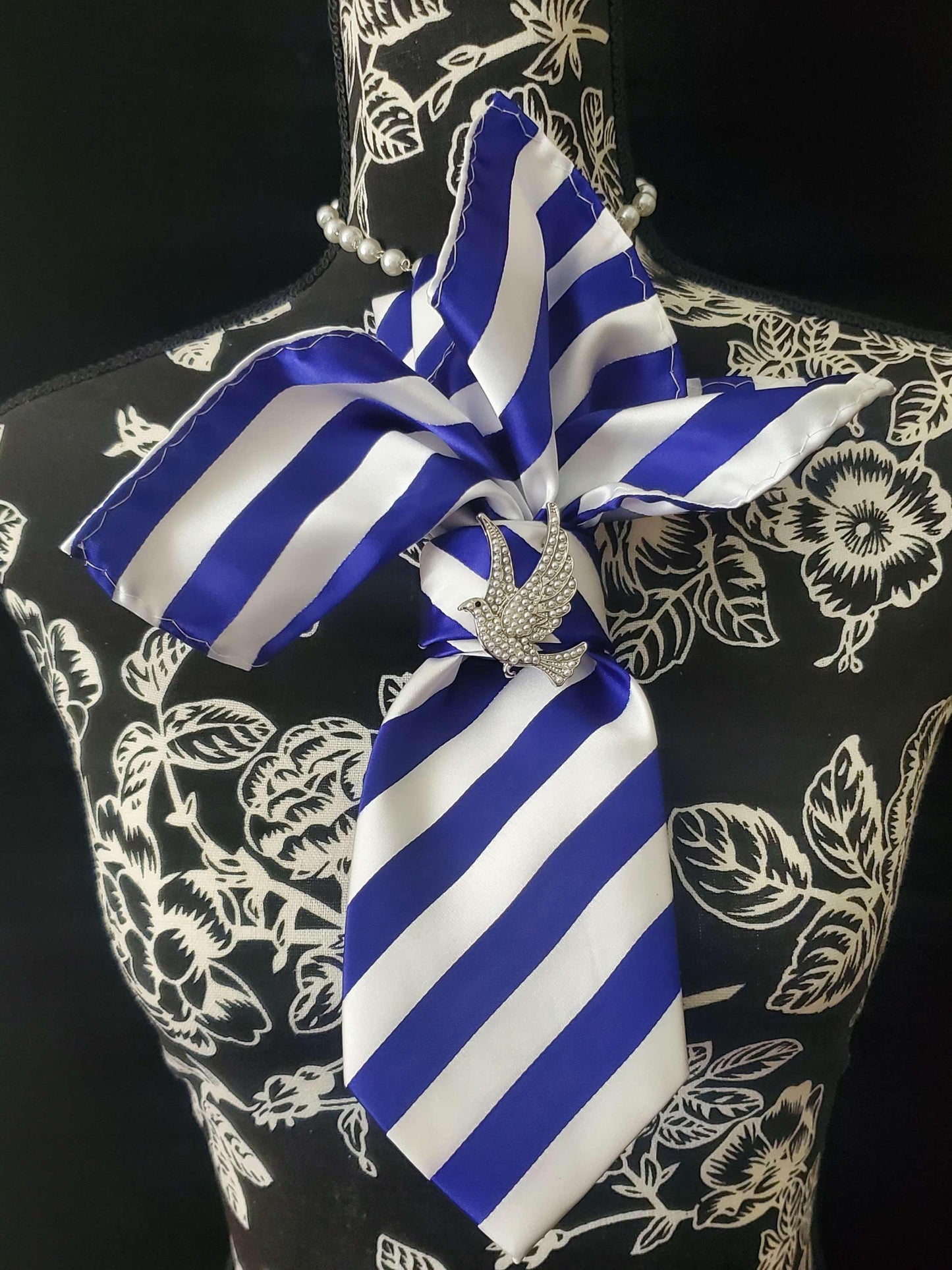 Royal Blue and White Stripe Women's Necktie Necklace - Pearl Dove Brooch Necktie