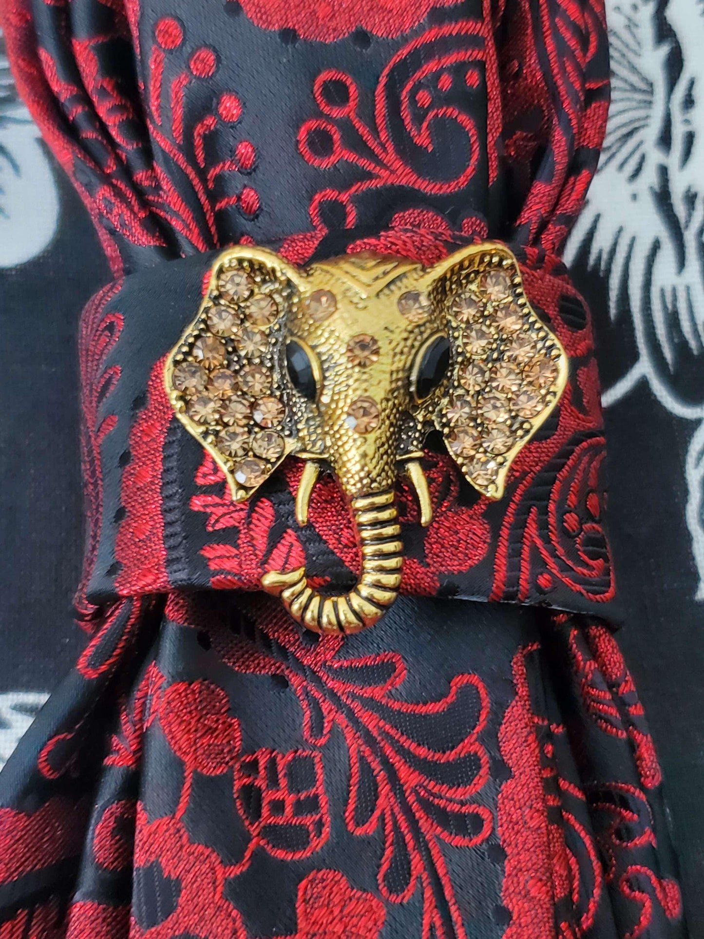 Iridescent Red  Women's Tie- Elephant Brooch Necklace