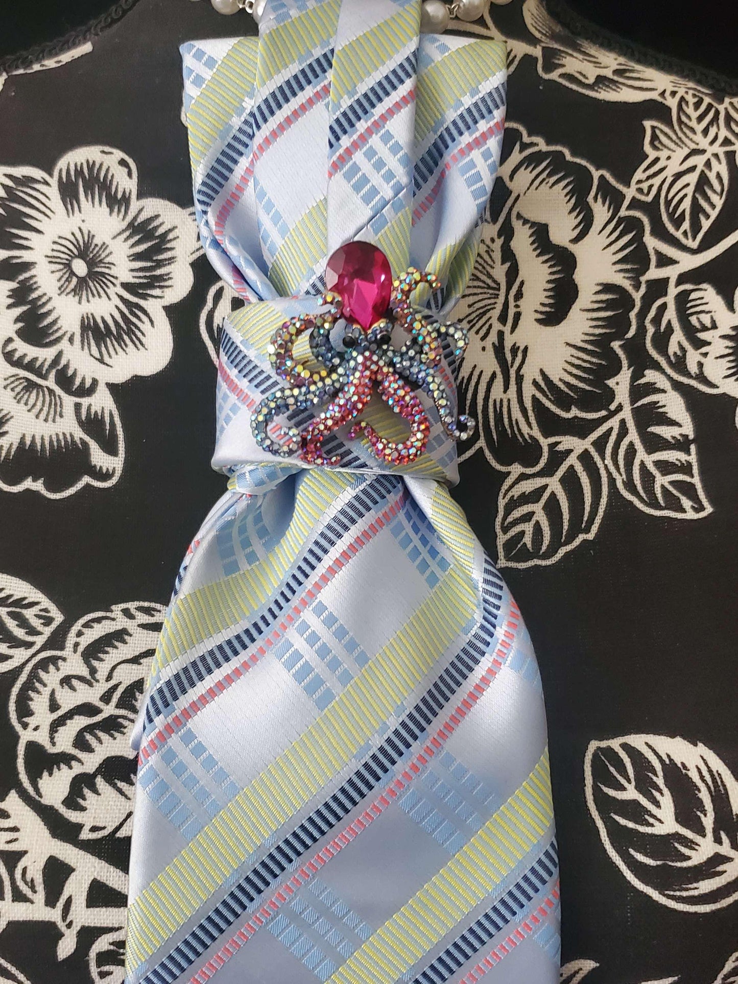 Blue and Pink Stripe Women's Necktie Necklace - Brooch Necktie