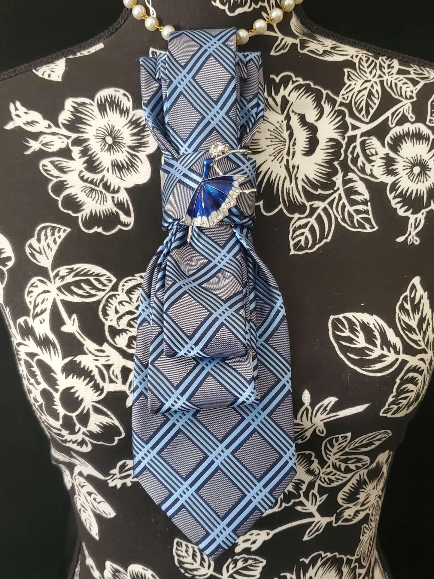 Blue and White Plaid Women's Tie- Ballerina Brooch Necklace - Stylish women’s neckties