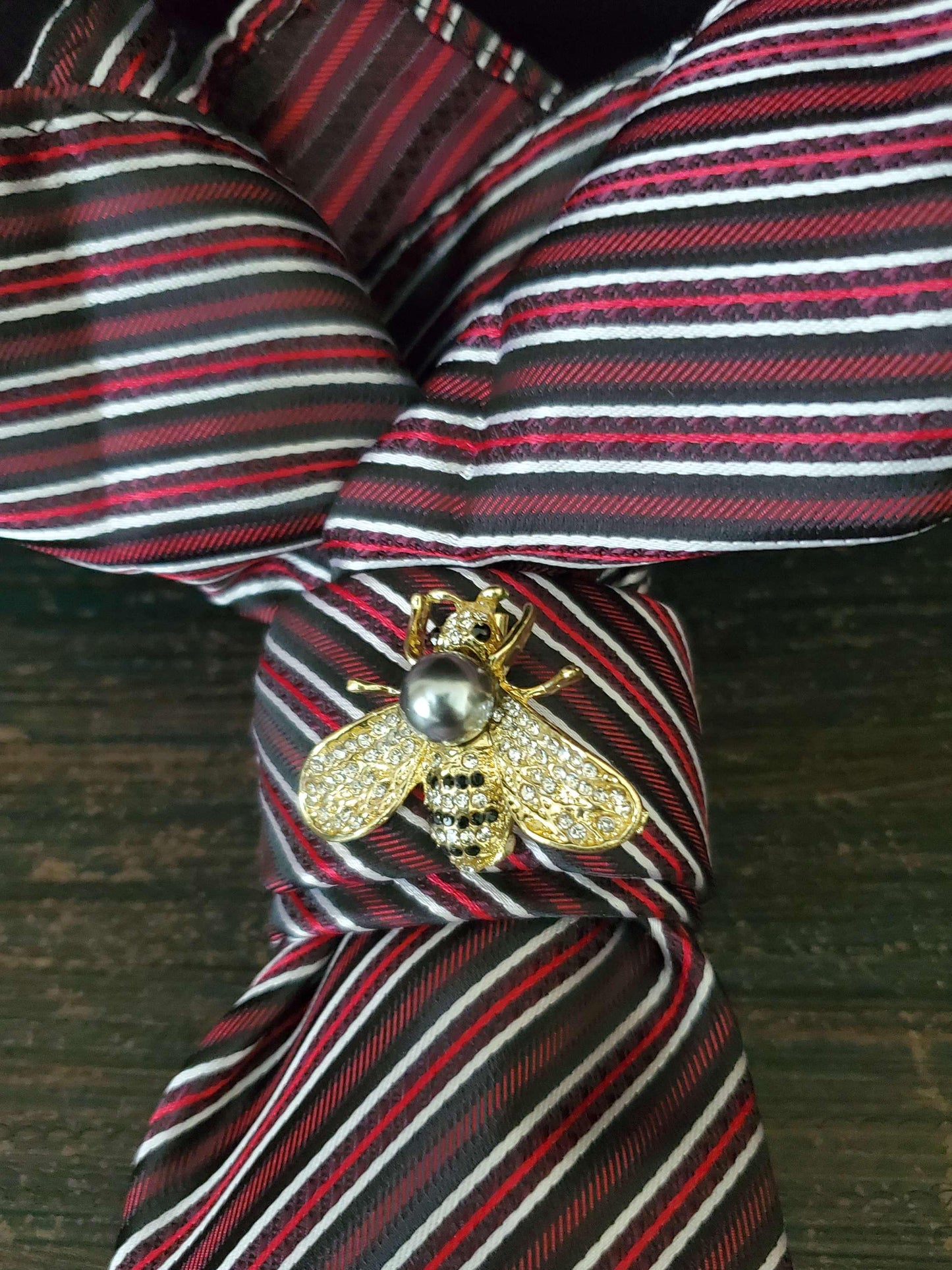 Stylish Black and Red Stripe Women's Necktie Necklace - Bumble Bee Brooch Necklace - Brooch Necktie - Stylish Neckwear For Women