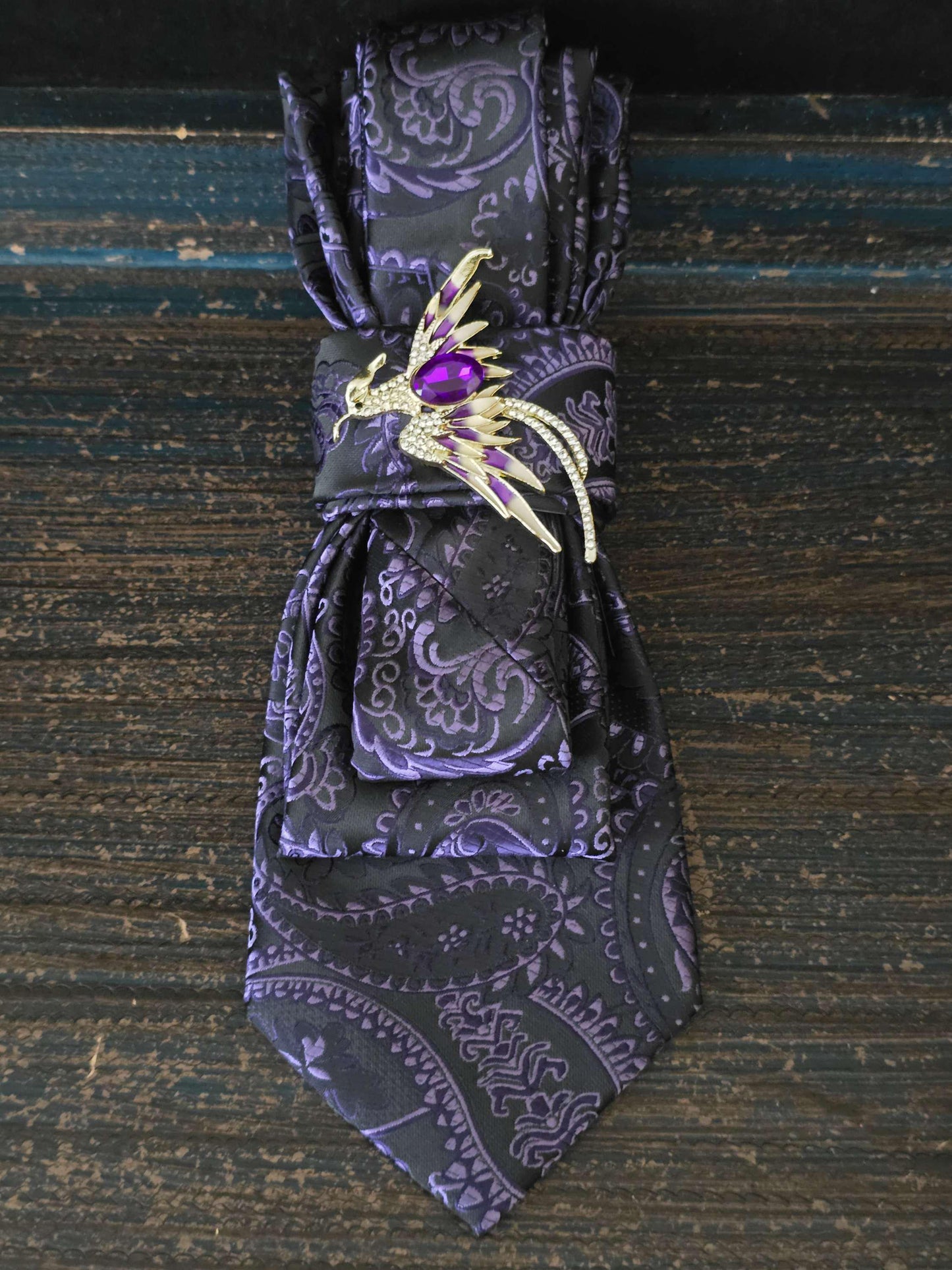 Paisley Necktie Necklace: Purple Silk Tie with Phoenix Brooch