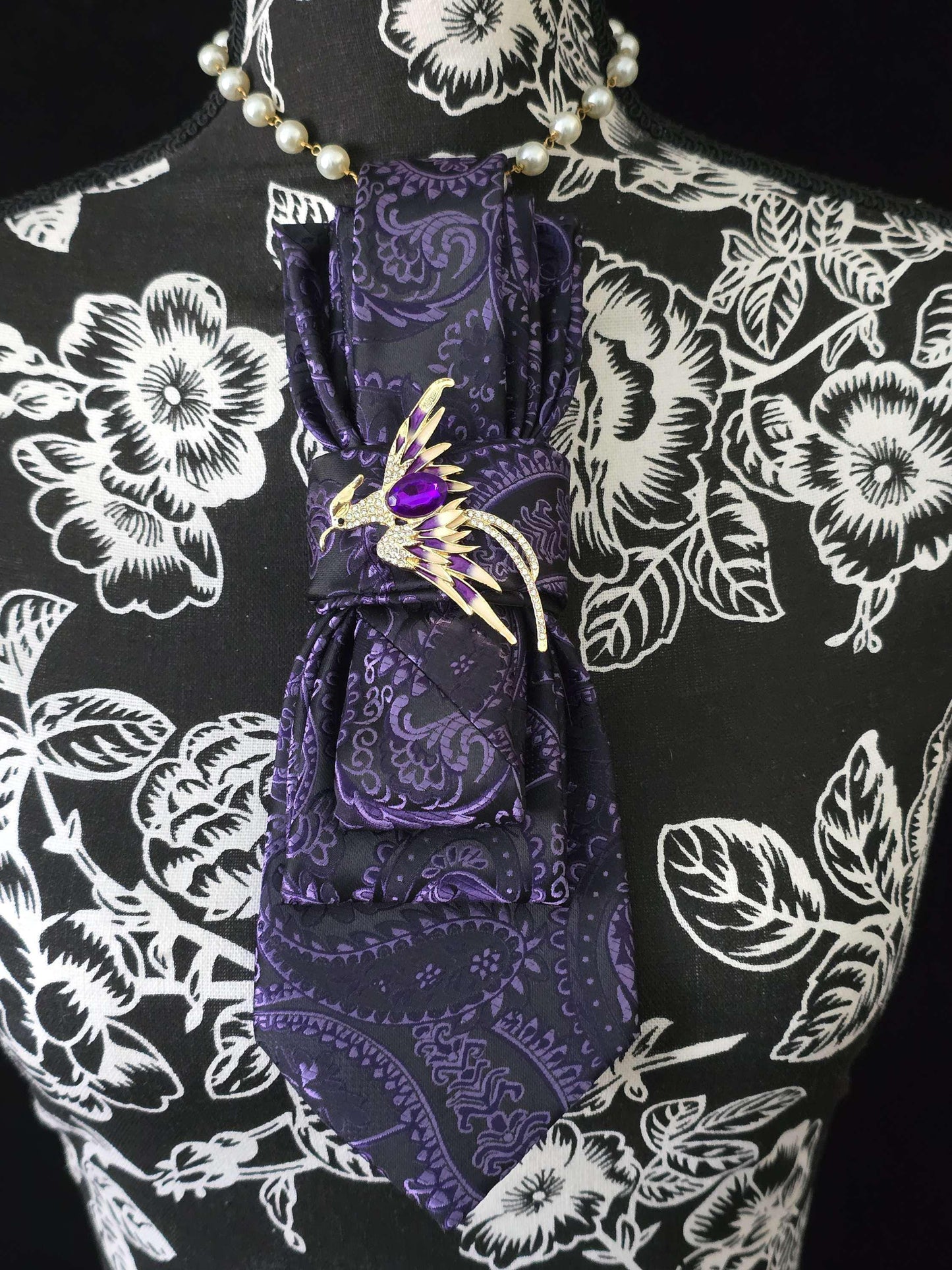 Paisley Necktie Necklace: Purple Silk Tie with Phoenix Brooch