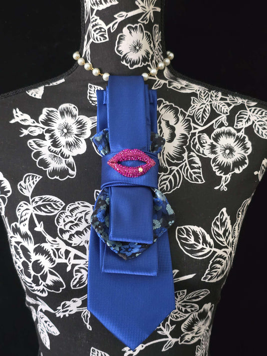 Simply Elegant Blue Women's Tie- Brooch Necklace - Handcrafted Statement Jewelry- Stylish Neckwear For Women