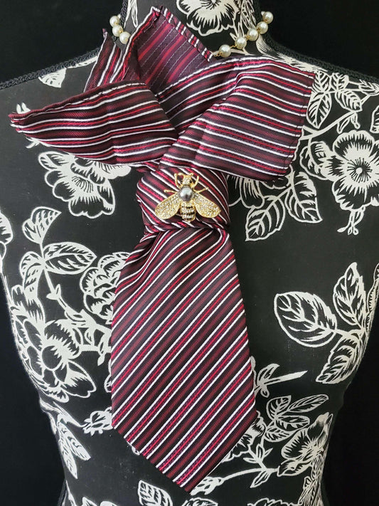 Stylish Black and Red Stripe Women's Necktie Necklace - Bumble Bee Brooch Necklace - Brooch Necktie - Stylish Neckwear For Women
