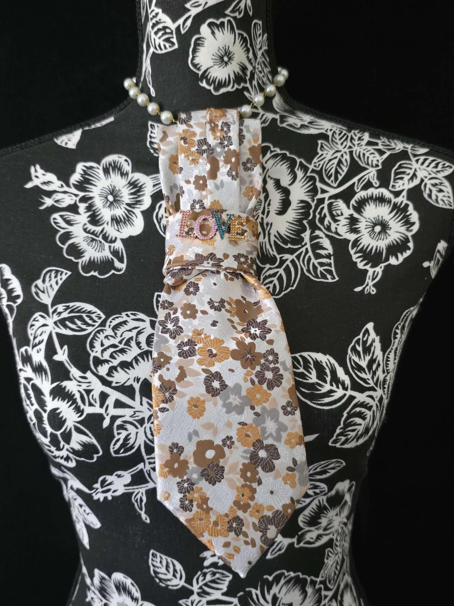 Floral Silk Necktie Necklace: Rhinestone LOVE Brooch, Pearl Chain