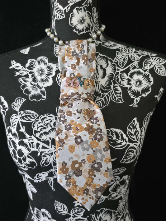 Floral Silk Necktie Necklace: Rhinestone LOVE Brooch, Pearl Chain