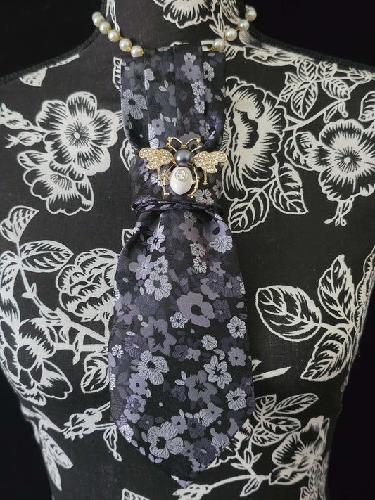 Floral Silk Tie Necklace: Handmade Women's Neckwear with Bumble Bee Brooch
