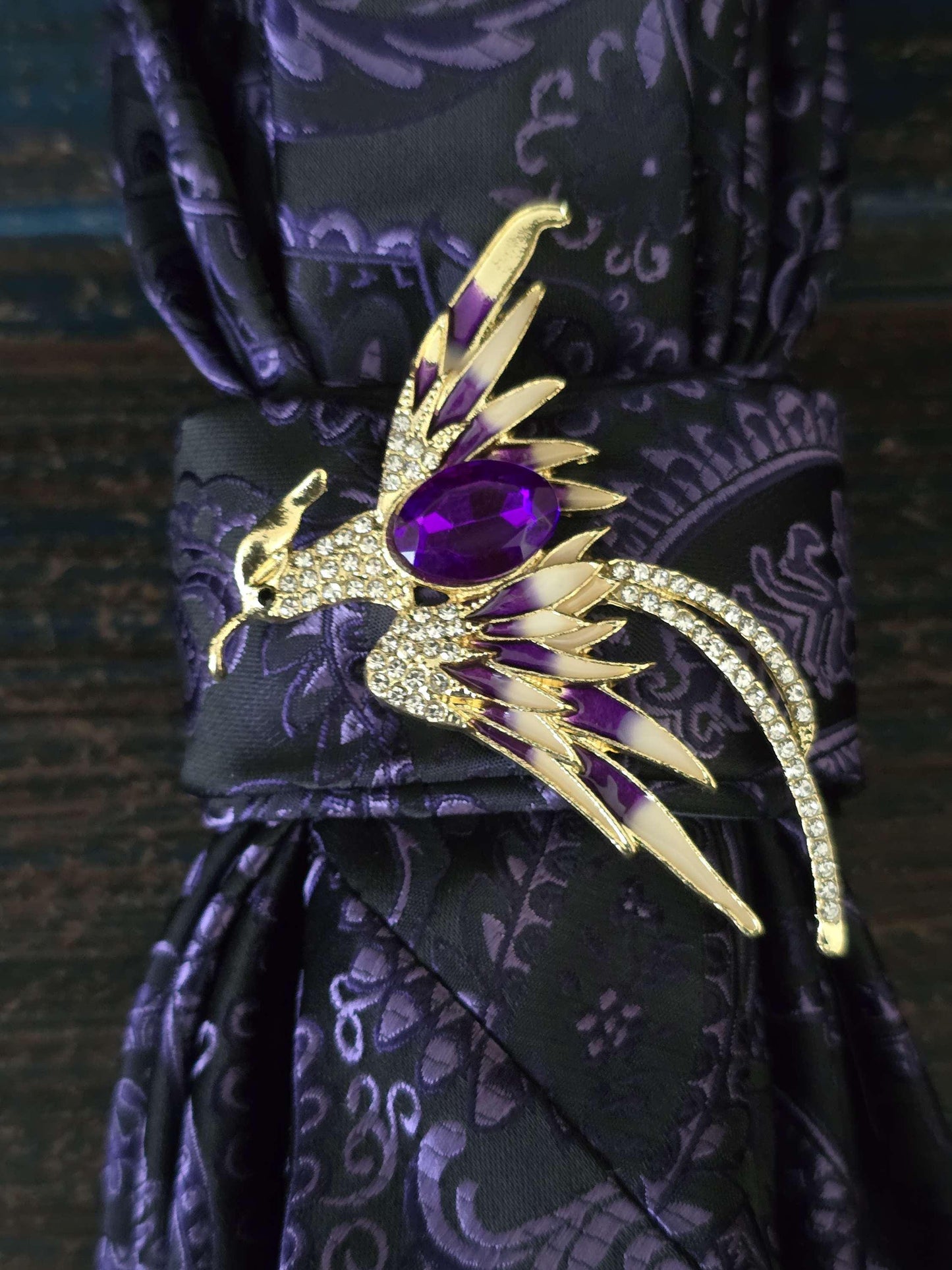 Paisley Necktie Necklace: Purple Silk Tie with Phoenix Brooch