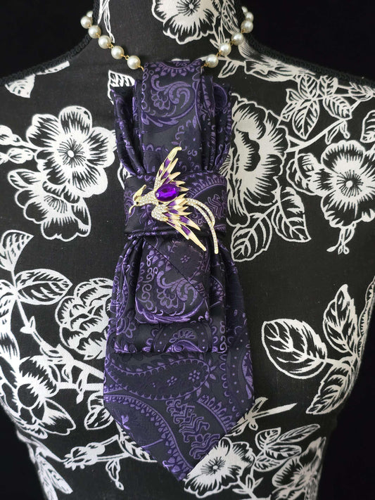 Paisley Necktie Necklace: Purple Silk Tie with Phoenix Brooch