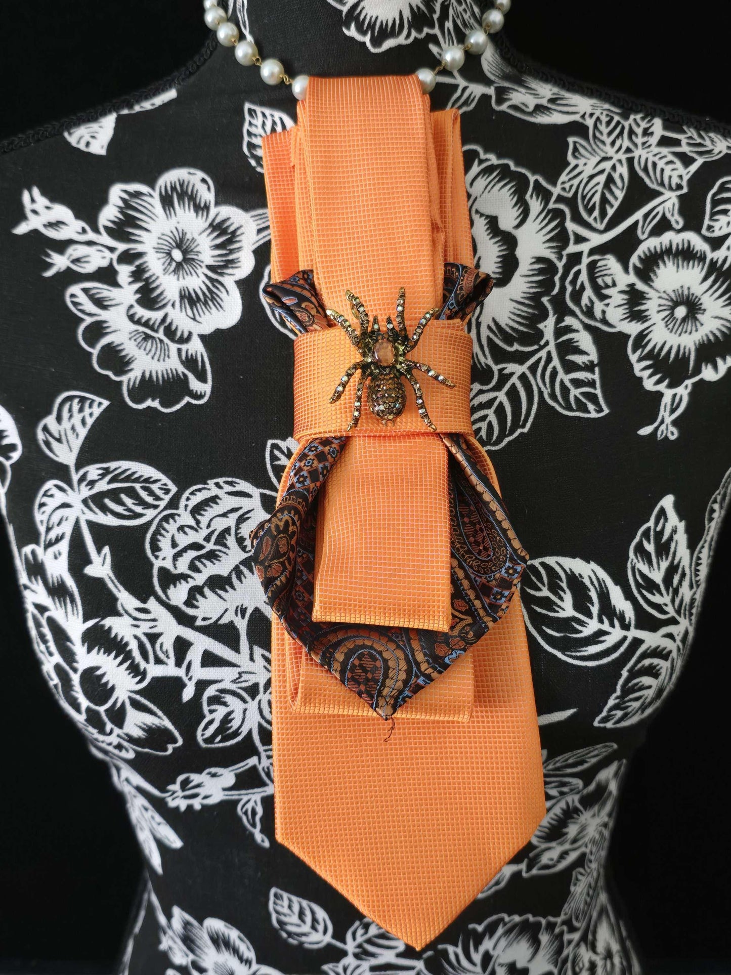 Orange Silk Tie Necklace: Rhinestone Spider Brooch, Handcrafted Neckwear