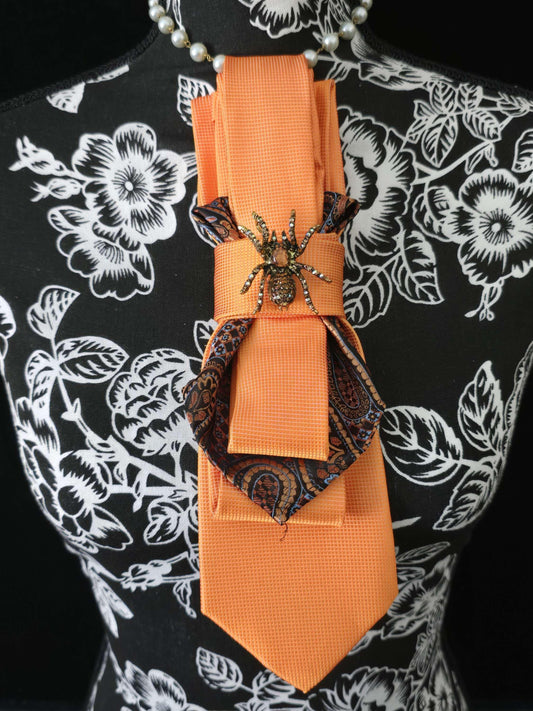 Orange Silk Tie Necklace: Rhinestone Spider Brooch, Handcrafted Neckwear