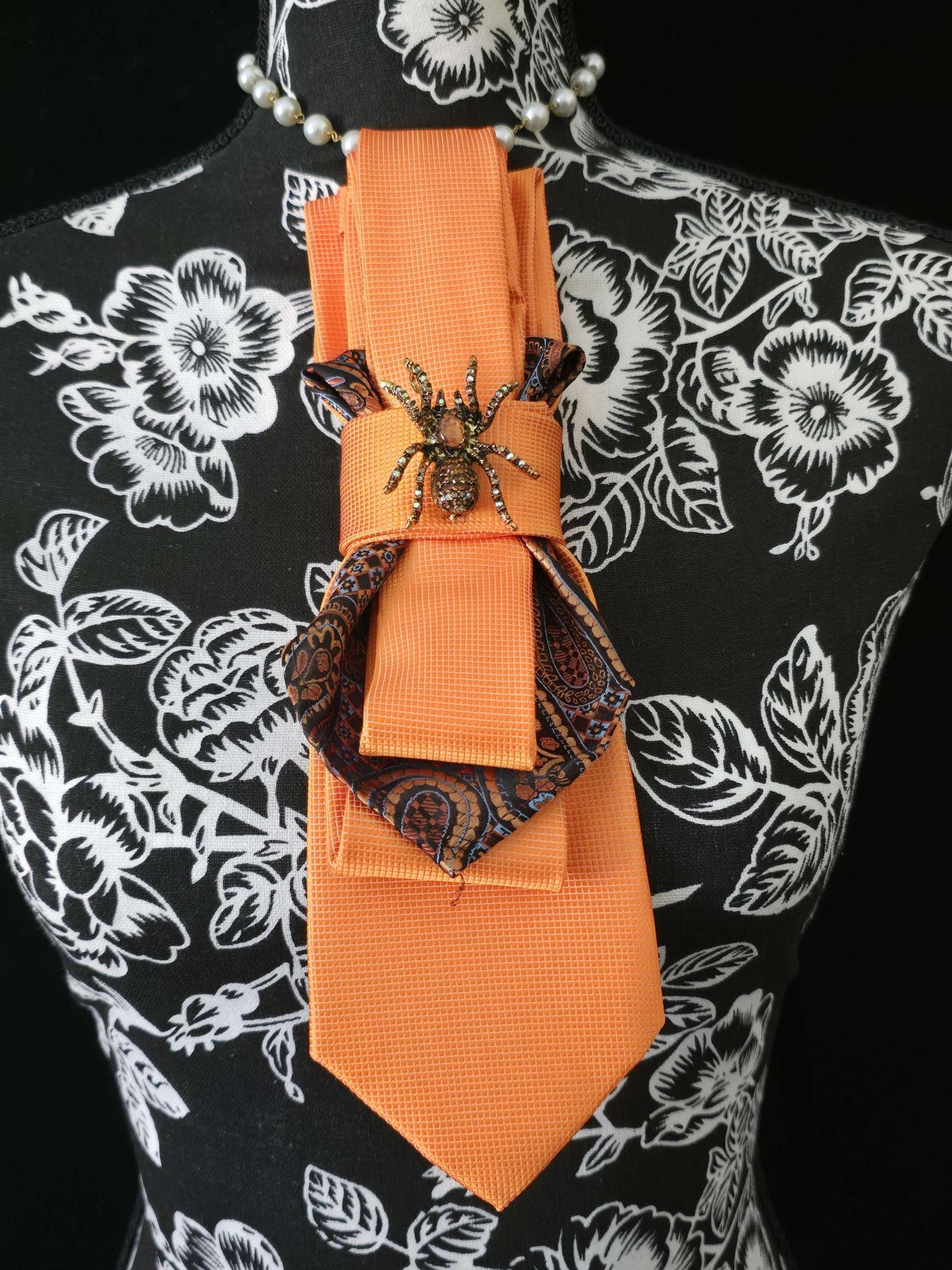 Orange Silk Tie Necklace: Rhinestone Spider Brooch, Handcrafted Neckwear