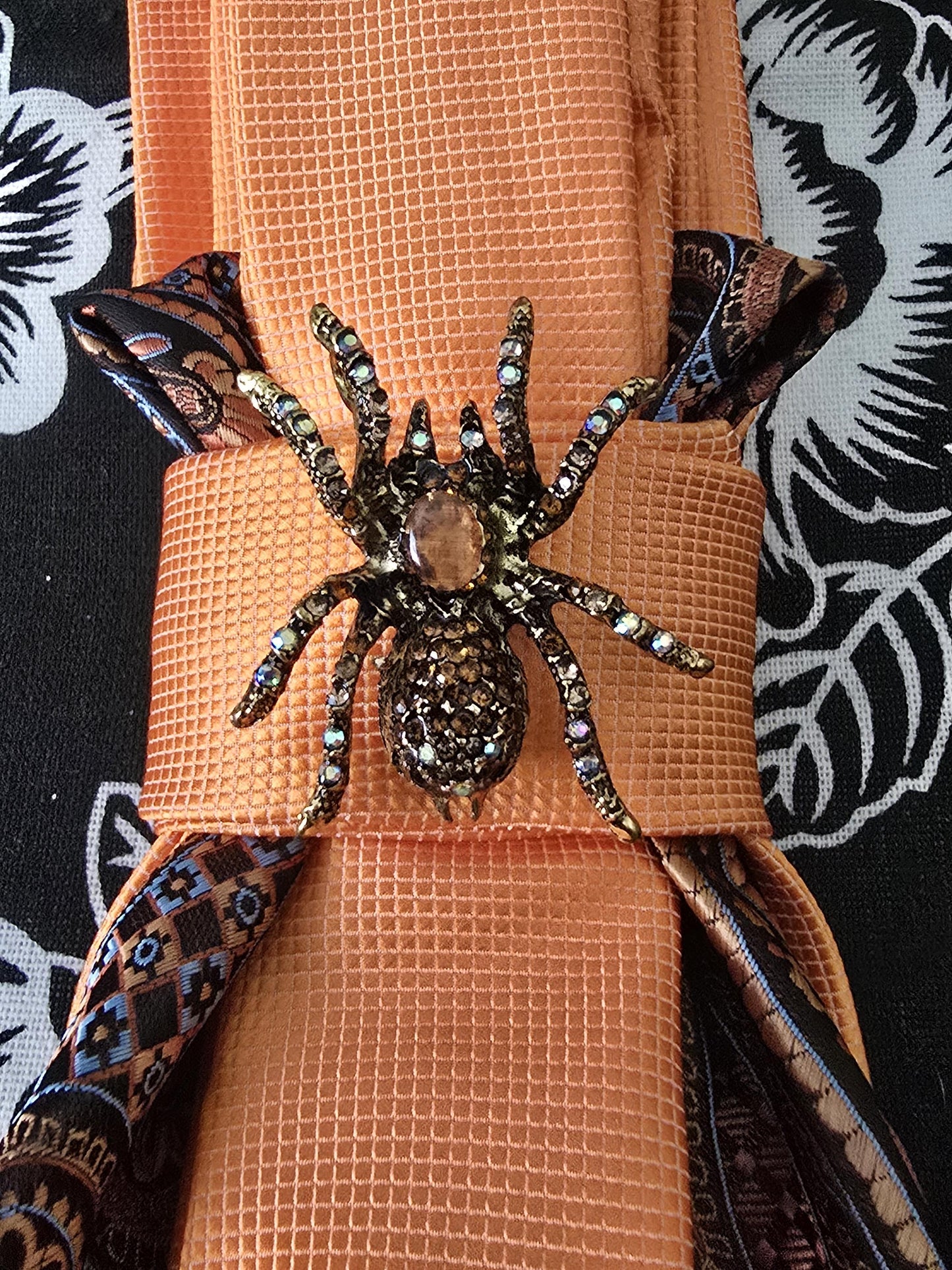 Orange Silk Tie Necklace: Rhinestone Spider Brooch, Handcrafted Neckwear