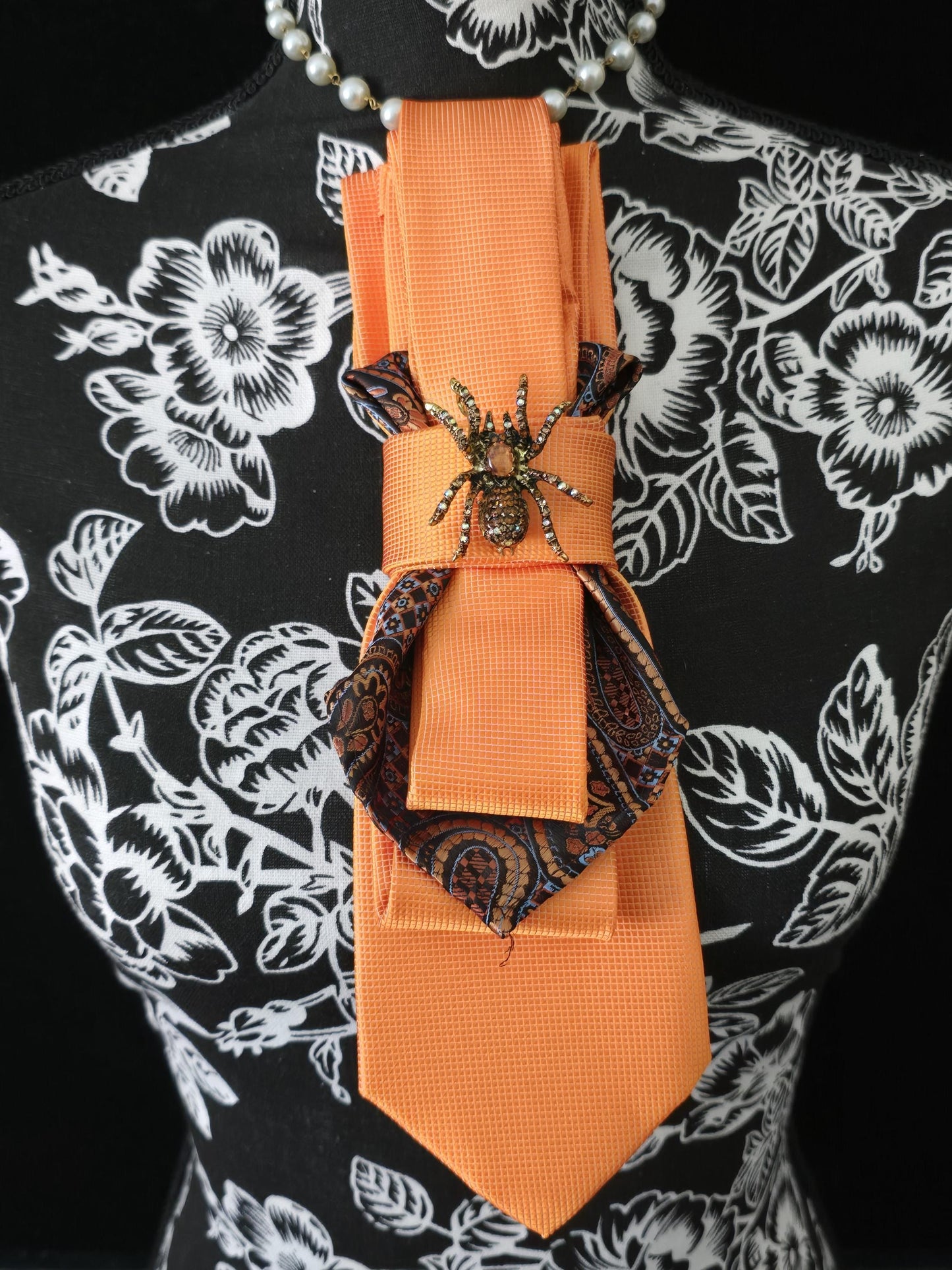 Orange Silk Tie Necklace: Rhinestone Spider Brooch, Handcrafted Neckwear