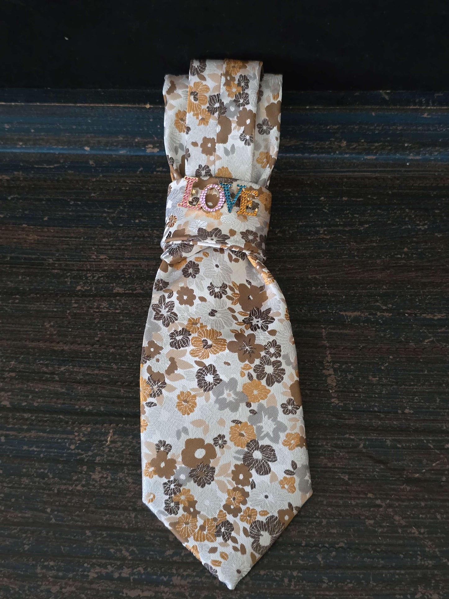 Floral Silk Necktie Necklace: Rhinestone LOVE Brooch, Pearl Chain