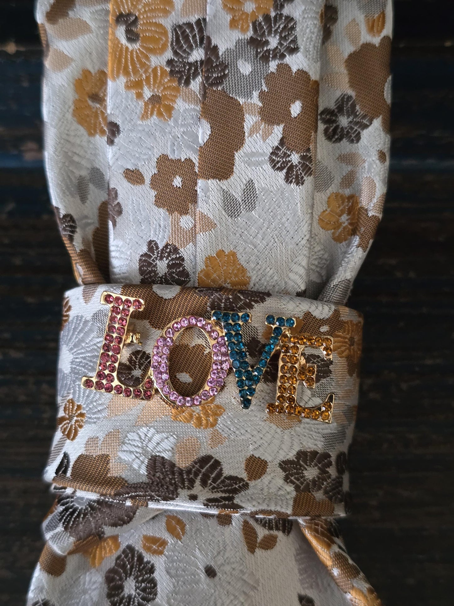 Floral Silk Necktie Necklace: Rhinestone LOVE Brooch, Pearl Chain