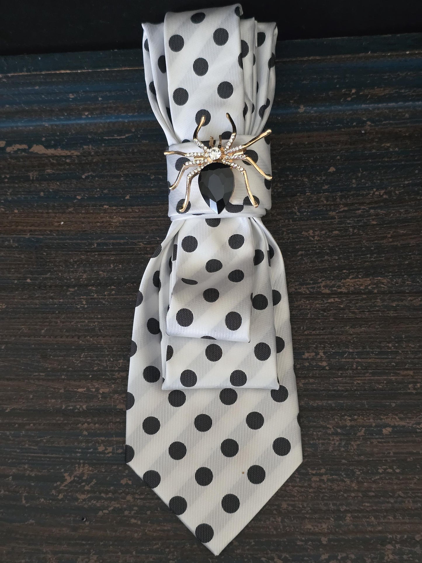 Polka Dot Tie Necklace: Rhinestone Spider Brooch, Pearl Accent