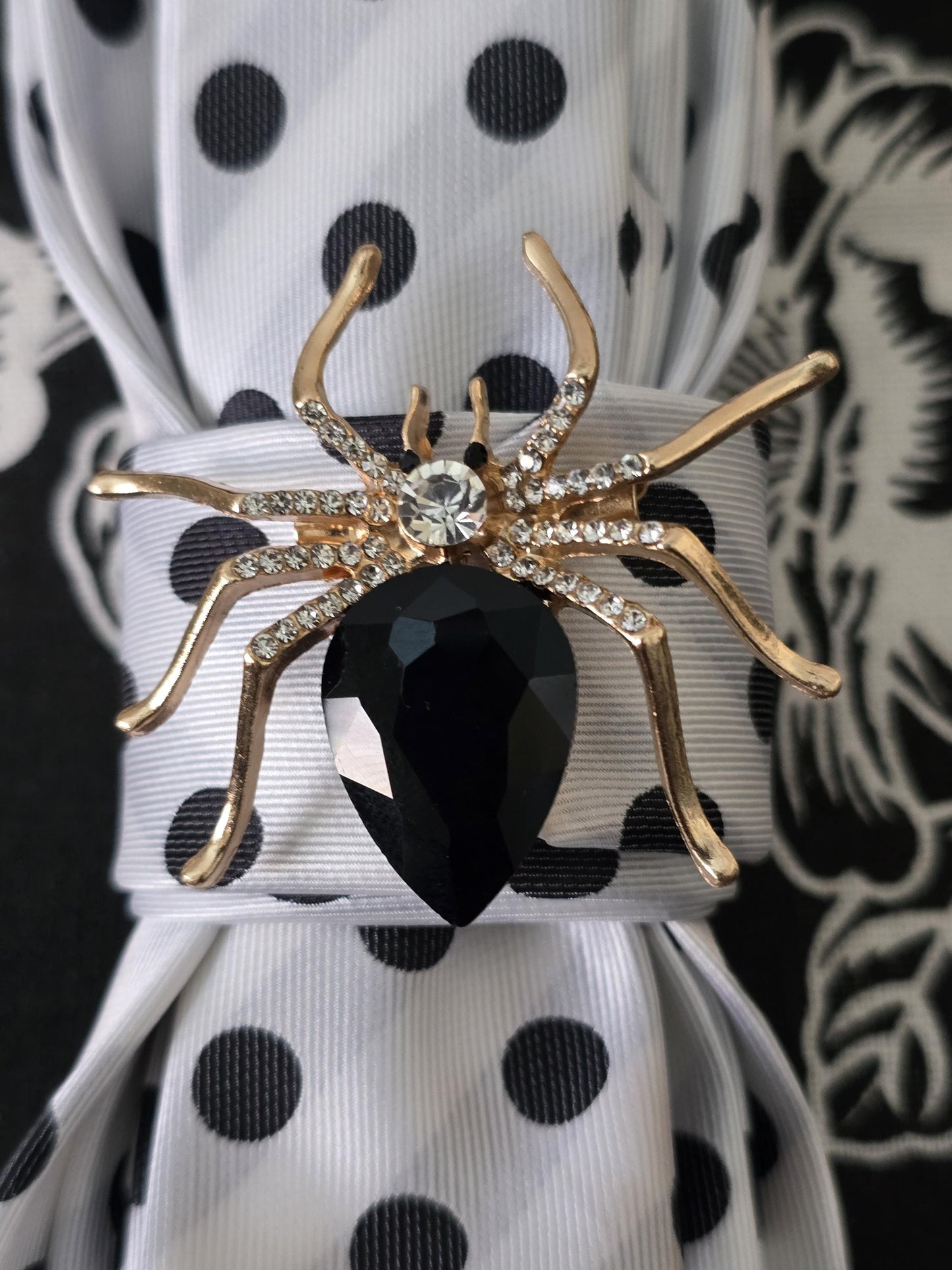 Polka Dot Tie Necklace: Rhinestone Spider Brooch, Pearl Accent