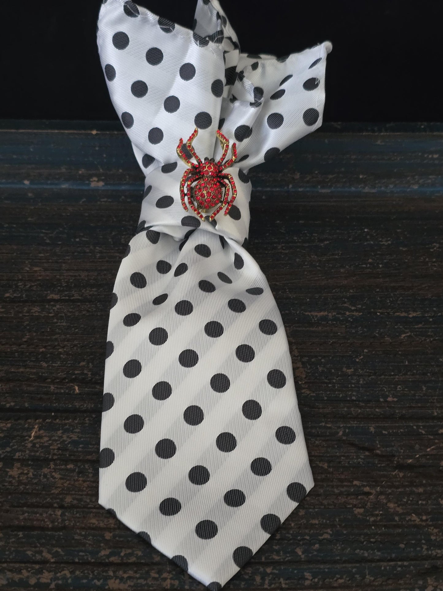 Simply Stylish Black and White Polka Dot Women Tie- Red Spider Brooch Necklace  - Stylish Neckwear For Women