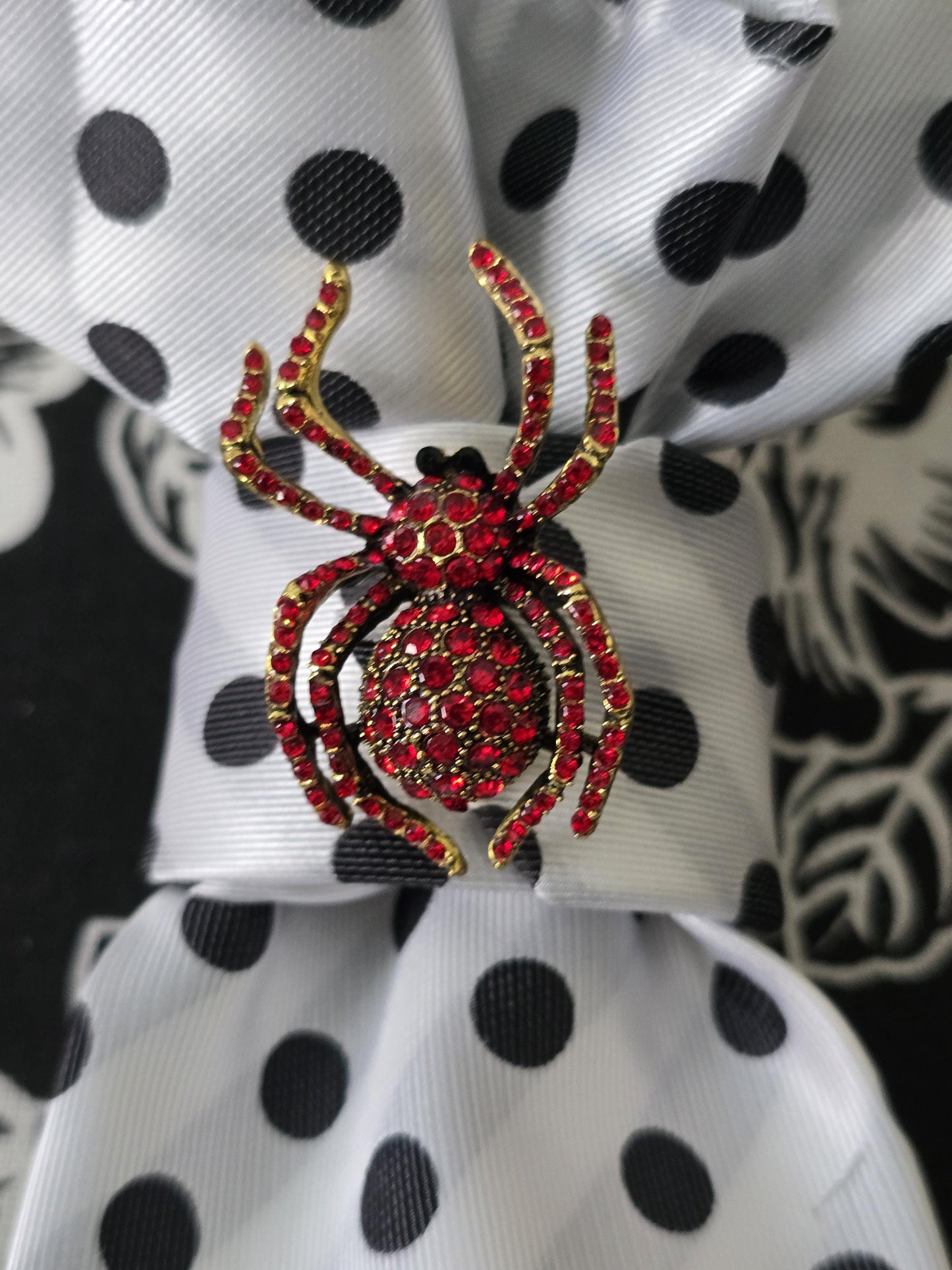 Simply Stylish Black and White Polka Dot Women Tie- Red Spider Brooch Necklace  - Stylish Neckwear For Women