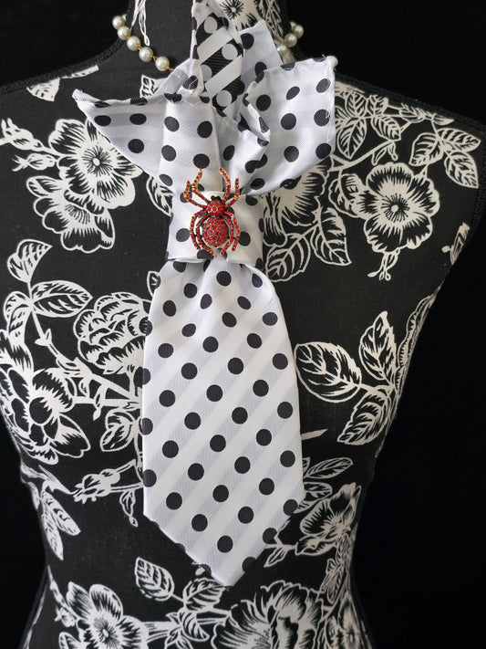 Simply Stylish Black and White Polka Dot Women Tie- Red Spider Brooch Necklace  - Stylish Neckwear For Women