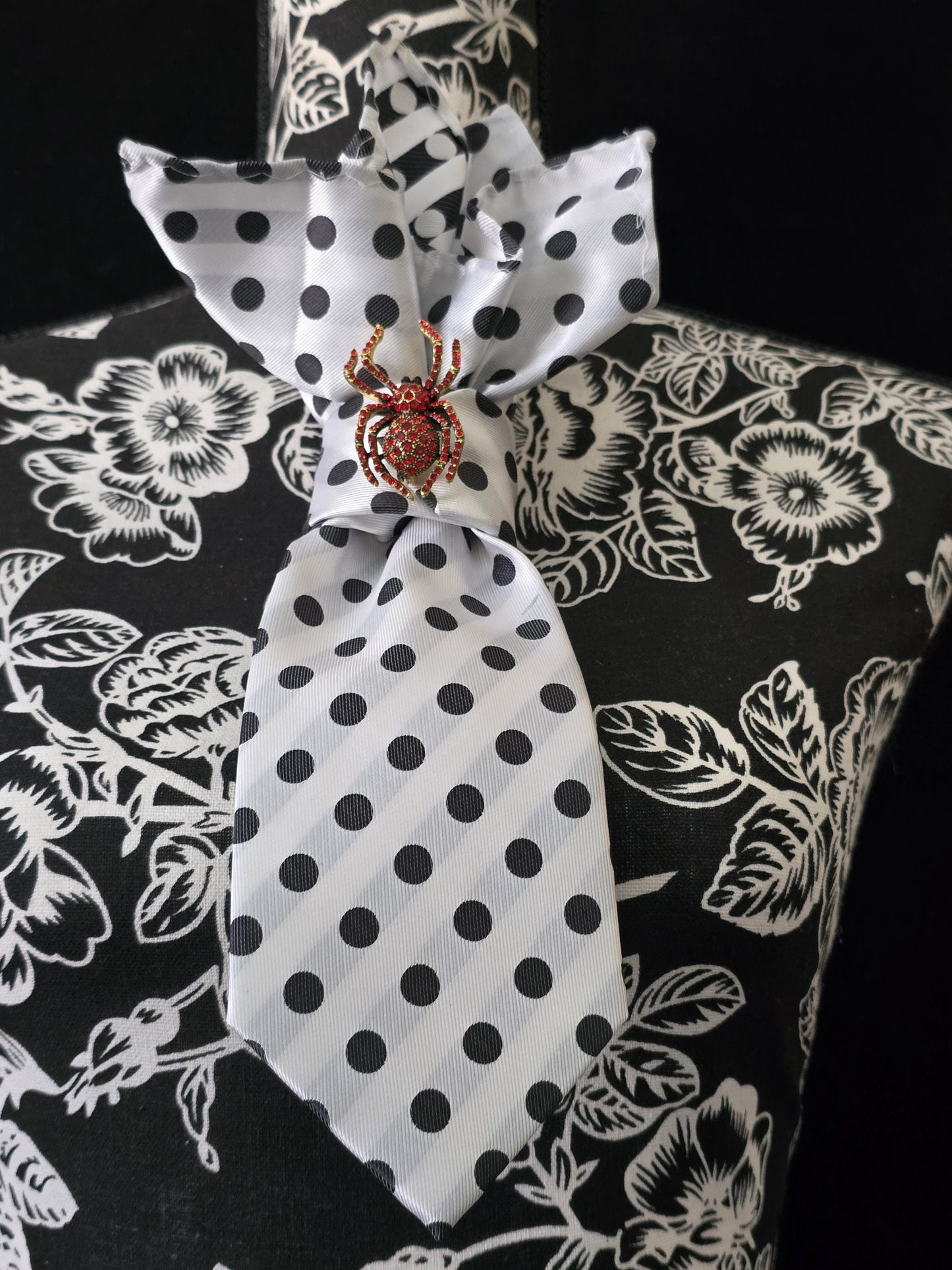 Simply Stylish Black and White Polka Dot Women Tie- Red Spider Brooch Necklace  - Stylish Neckwear For Women