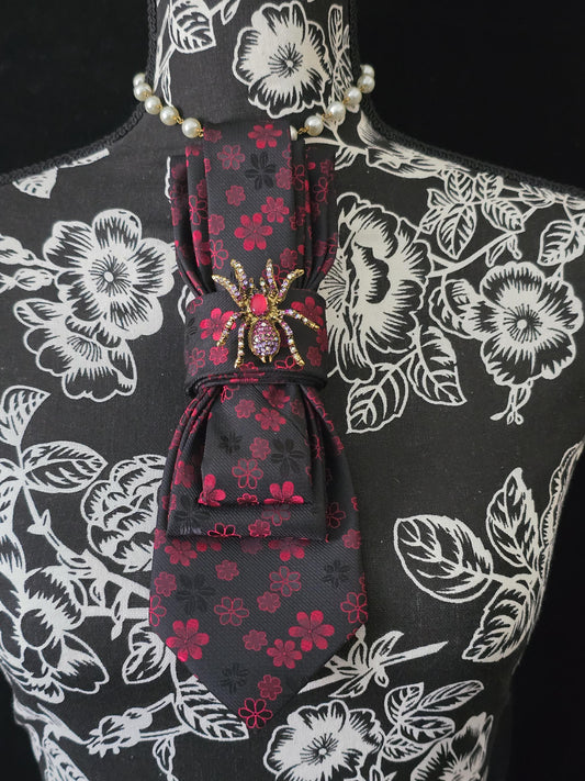 Simple Red and Black Floral Women’s Necktie Necklace - Fashion Ties For Women  - Brooch Necktie - Stylish Neckwear For Women