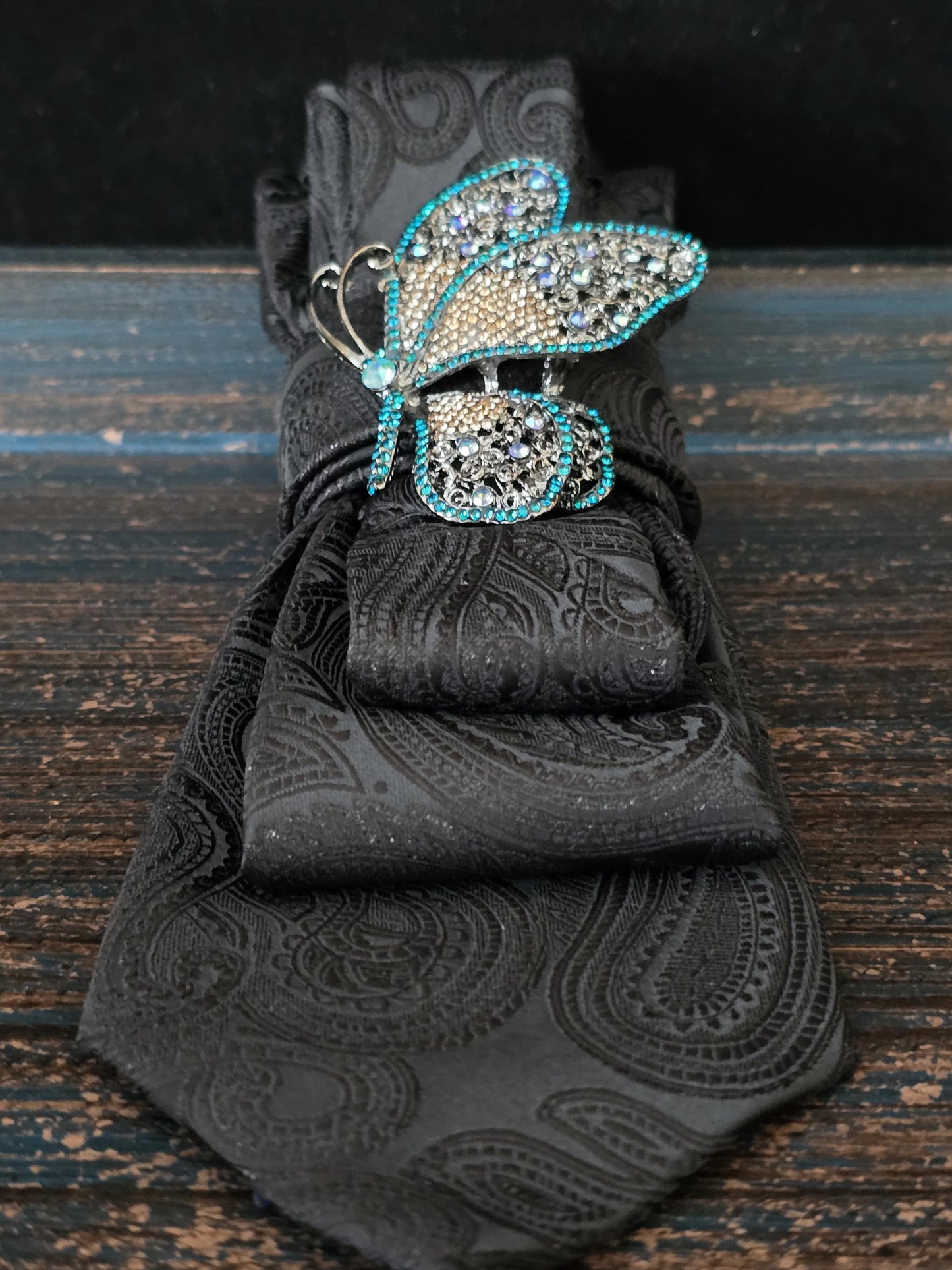 Black Paisley Tie Necklace: Rhinestone Butterfly Brooch, Women's Neckwear