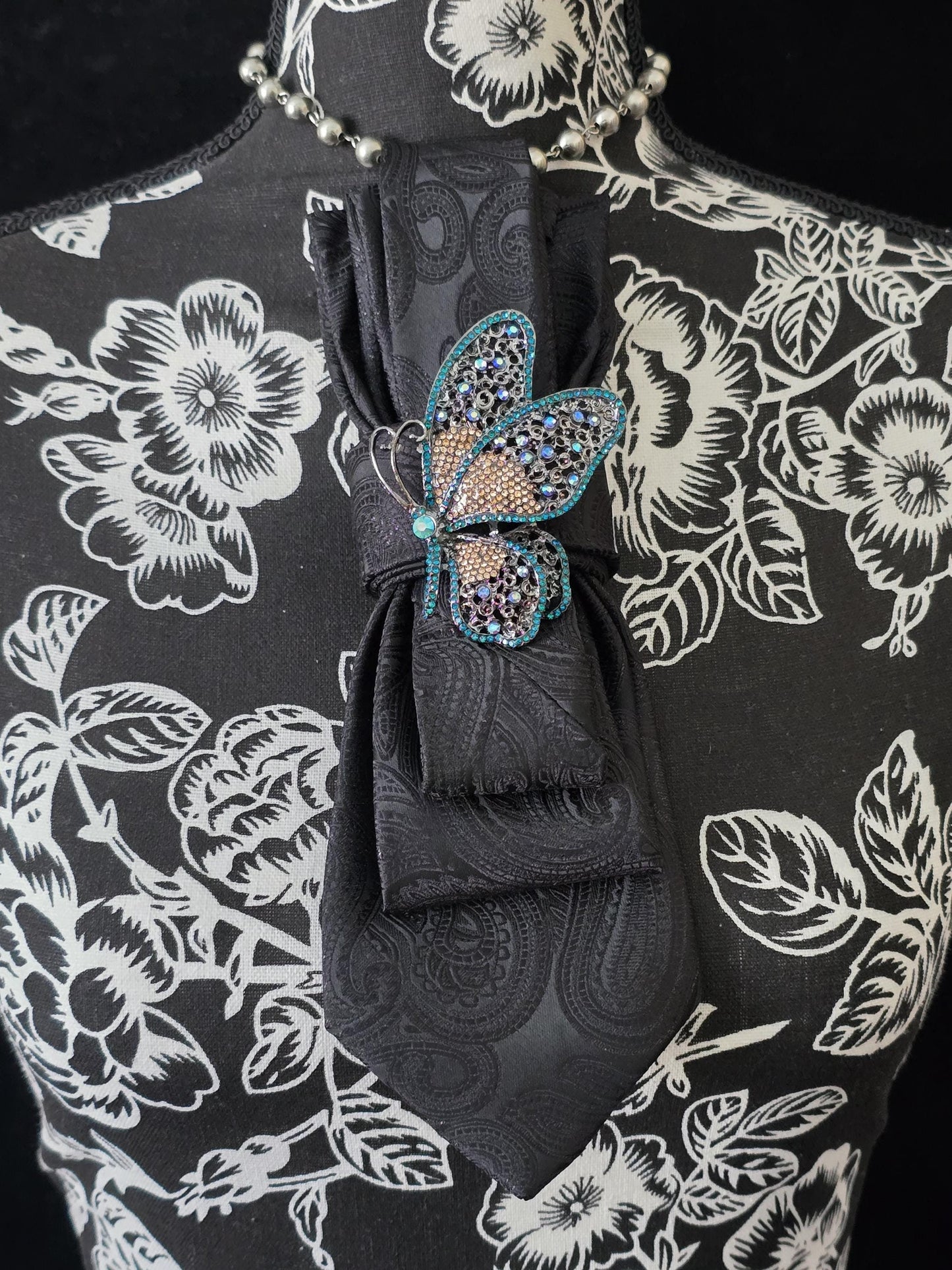 Black Paisley Tie Necklace: Rhinestone Butterfly Brooch, Women's Neckwear