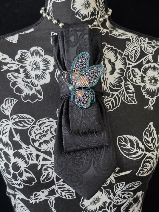Black Paisley Tie Necklace: Rhinestone Butterfly Brooch, Women's Neckwear