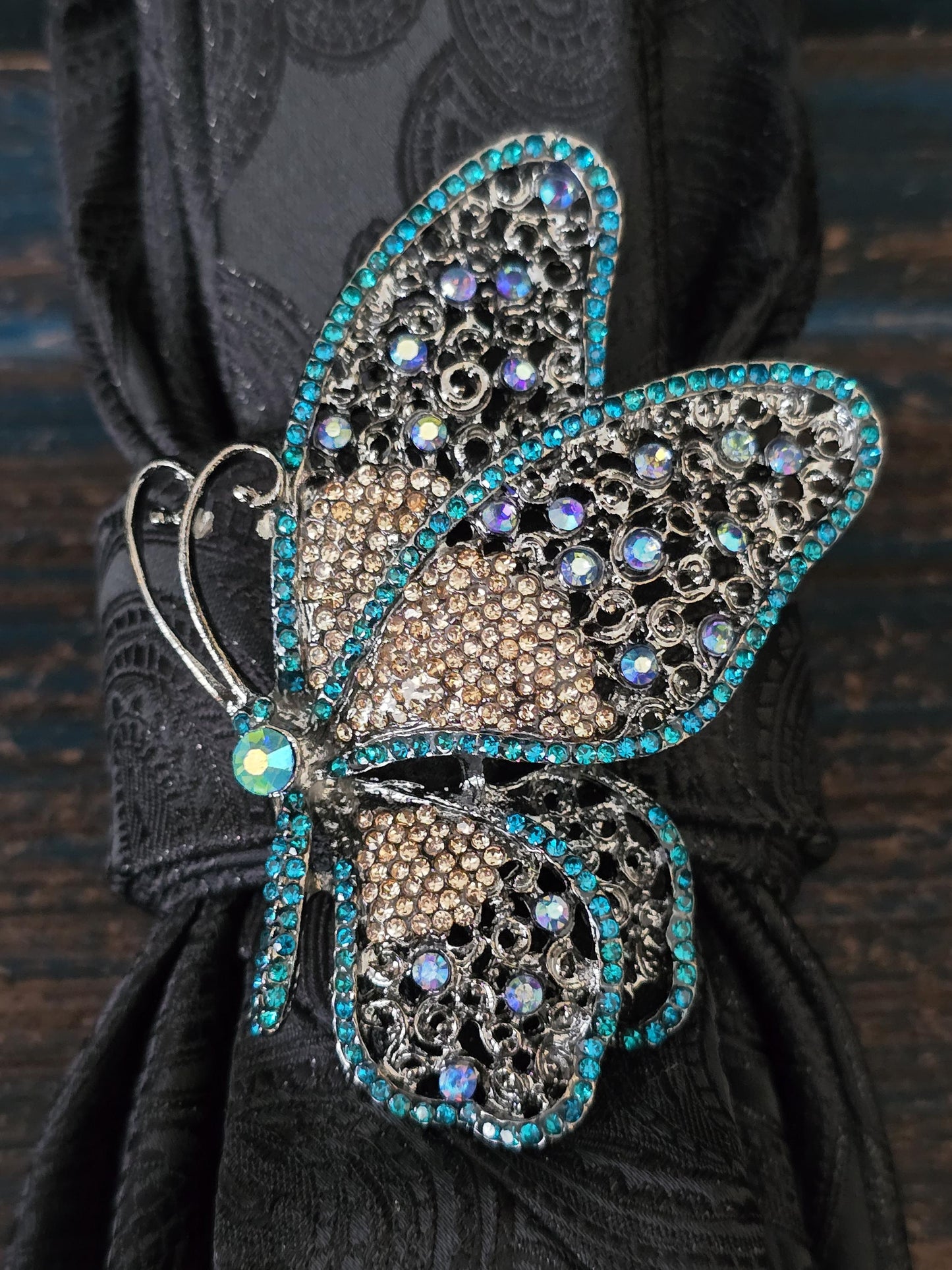 Black Paisley Tie Necklace: Rhinestone Butterfly Brooch, Women's Neckwear